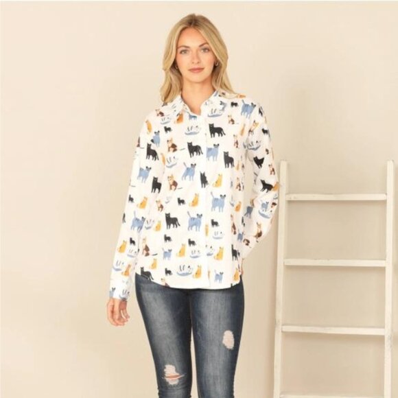 Collared Long Sleeve Cat Print Top - Picture 1 of 5